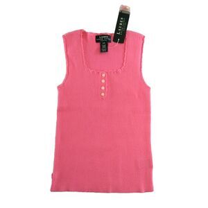 Lauren Ralph‎ Lauren Ribbed Tank Top Pink Womens Petite P/P Crochet Neck Arm NWT